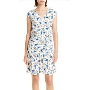 BOSS White Polka Dot Blue Desmala Floral Dress US 8/M  Ruched Sheath